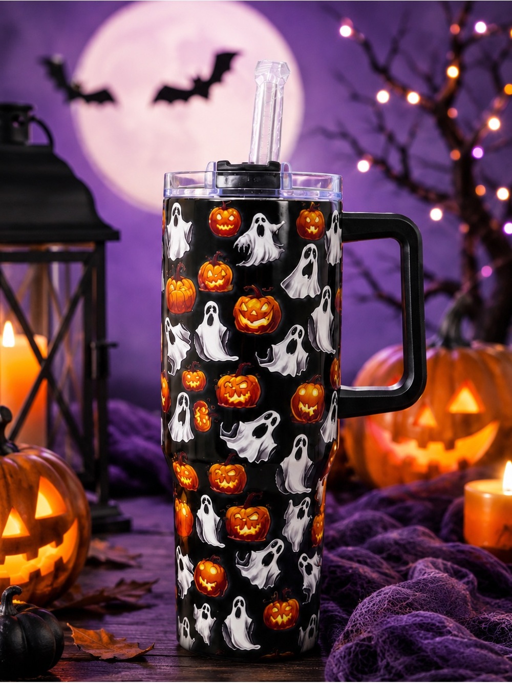 40 ounce Halloween stainless steel tumbler with ghosts and pumpkins